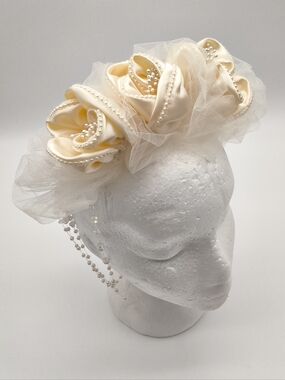 Vintage Cottagecore Bridal Headpiece - Ivory Satin Roses with Pearl Beading